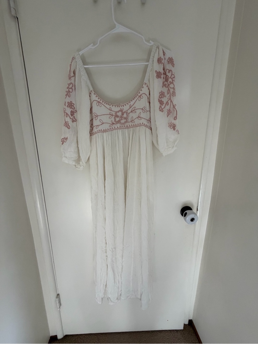 Free people Wedgewood White Maxi Peasant Dress with Pink Embroidery